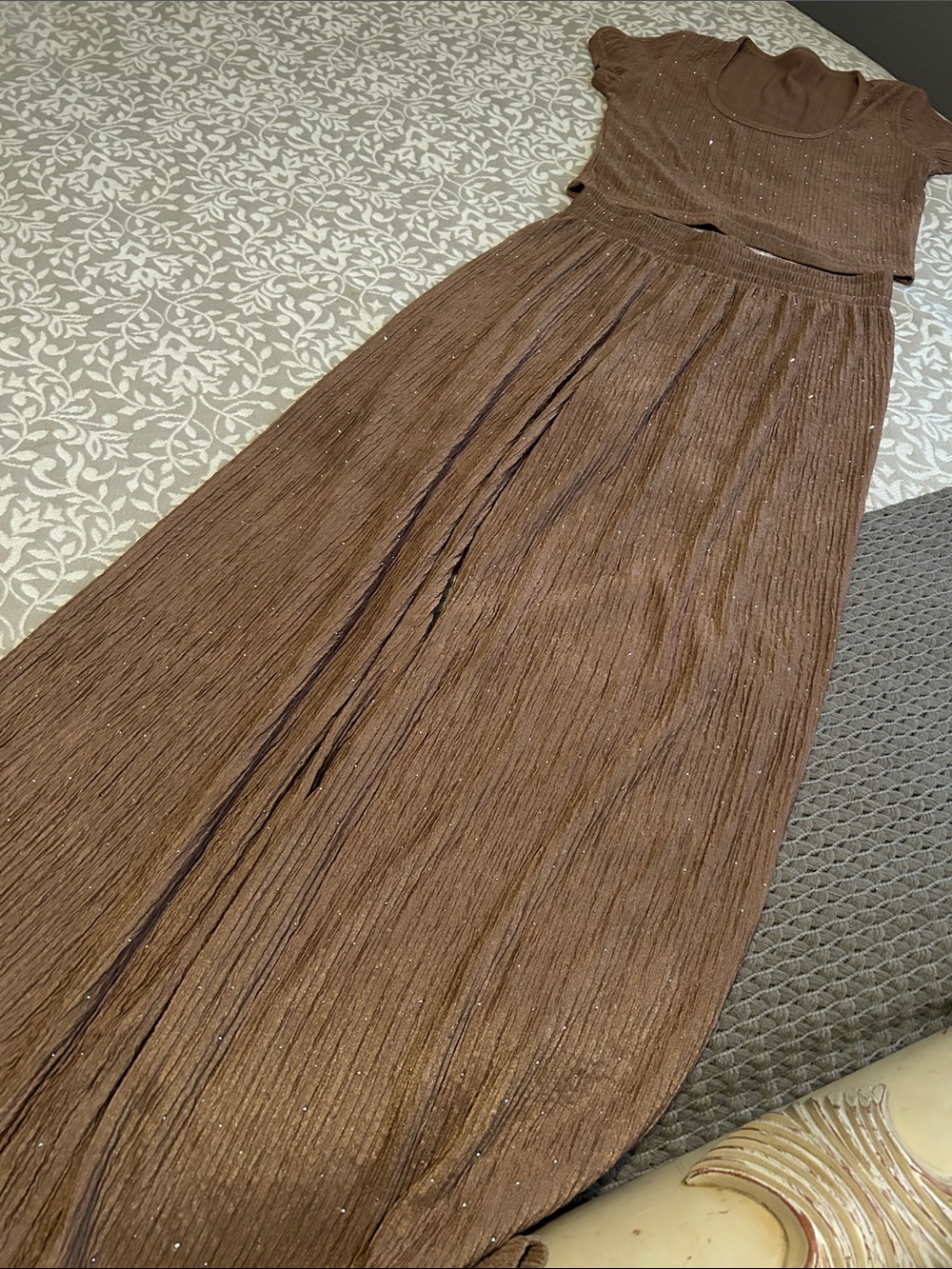 Brown Sparkle Pleated Maxi Skirt